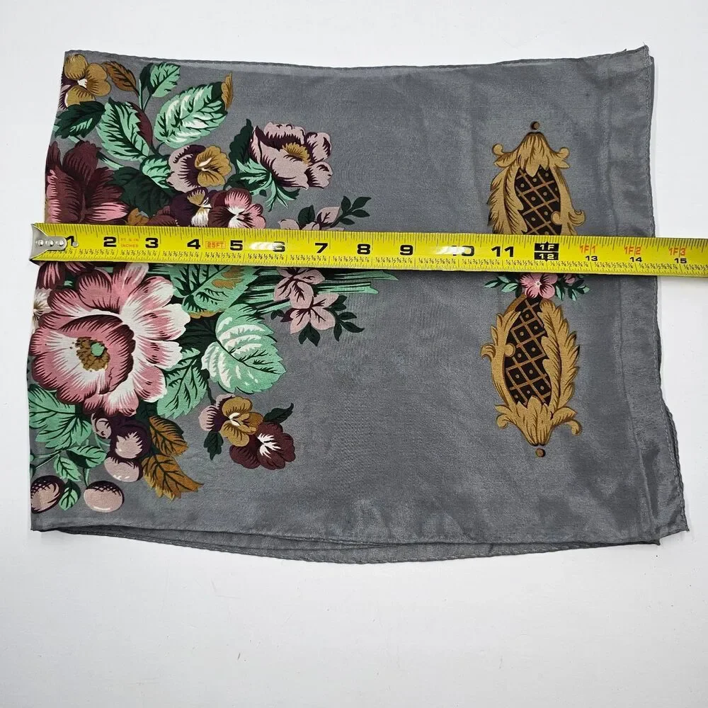 VTG Baar & Beards 100% Silk Scarf Gray Rose Floral Gold Scroll Japan Oblong